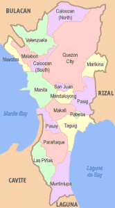 メトロマニラの地図-16市（City）と、1町（Municipality）